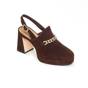 Bernardo Napa Brown Suede platform mules with Gold Chain size 6